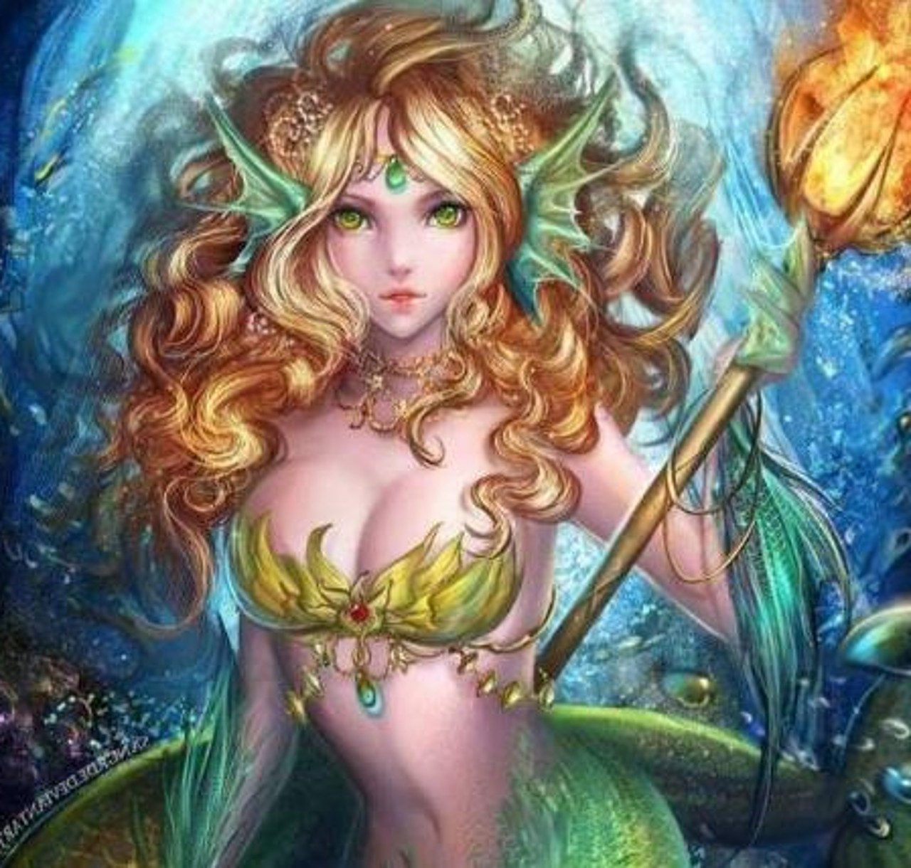 双鱼座化身美人鱼公主:一个棕色头发的美人鱼公主,趴在水里的石头上