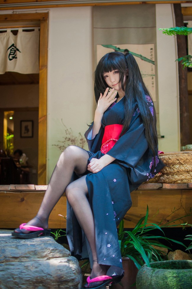 coser一小央泽的时崎狂三和服浴衣黑丝cos