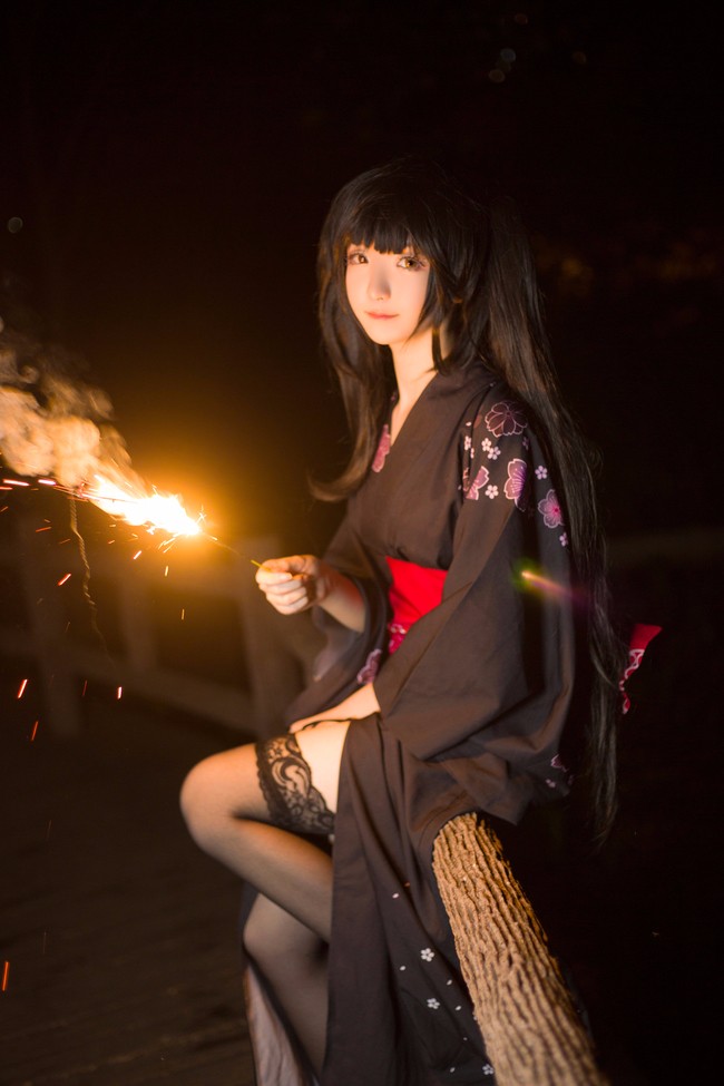 coser一小央泽的时崎狂三和服浴衣黑丝cos